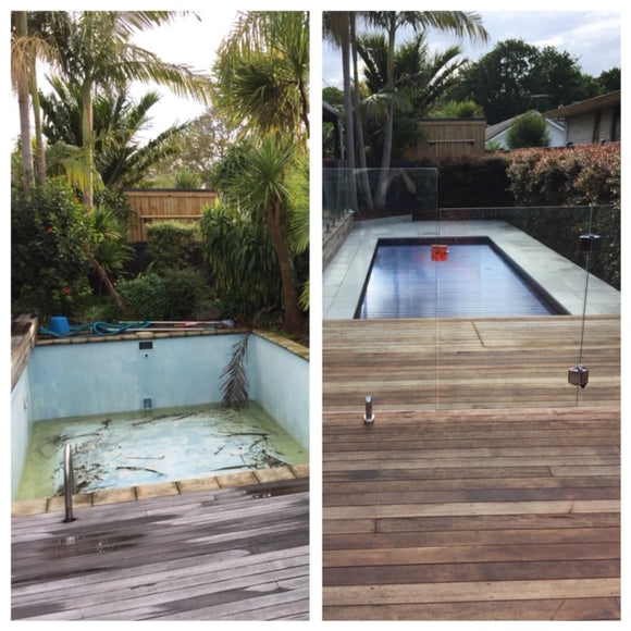 Before and after renovation, plaster finish, automatic pool cover, decking and glass fencing
